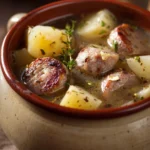Close-up of a hearty sausage potato soup with visible chunks of sausage and potatoes in a creamy broth.