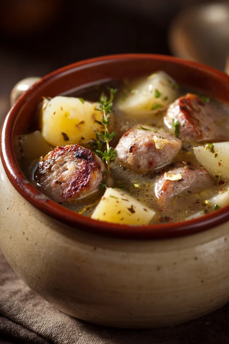 Close-up of a hearty sausage potato soup with visible chunks of sausage and potatoes in a creamy broth.