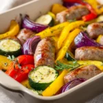 Close-up of sausage, squash, and zucchini on a sheet pan with bright lighting