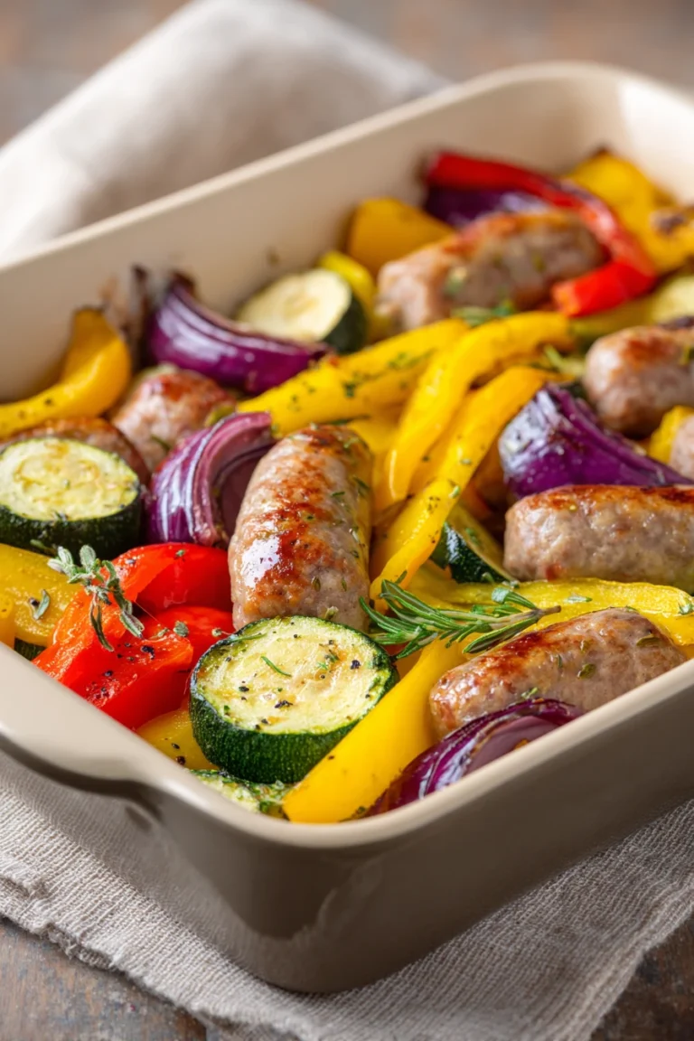 Close-up of sausage, squash, and zucchini on a sheet pan with bright lighting