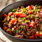 Close-up of a savory ground beef skillet with bright lighting and clean background