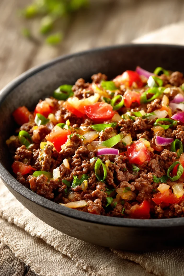 Close-up of a savory ground beef skillet with bright lighting and clean background