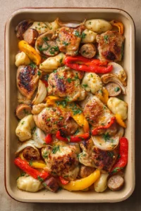 Close-up of sheet pan chicken and sausage with perogies, garnished with herbs.