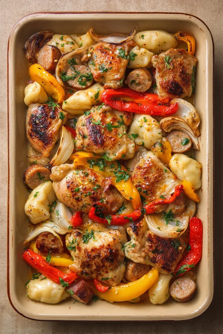 Close-up of sheet pan chicken and sausage with perogies, garnished with herbs.