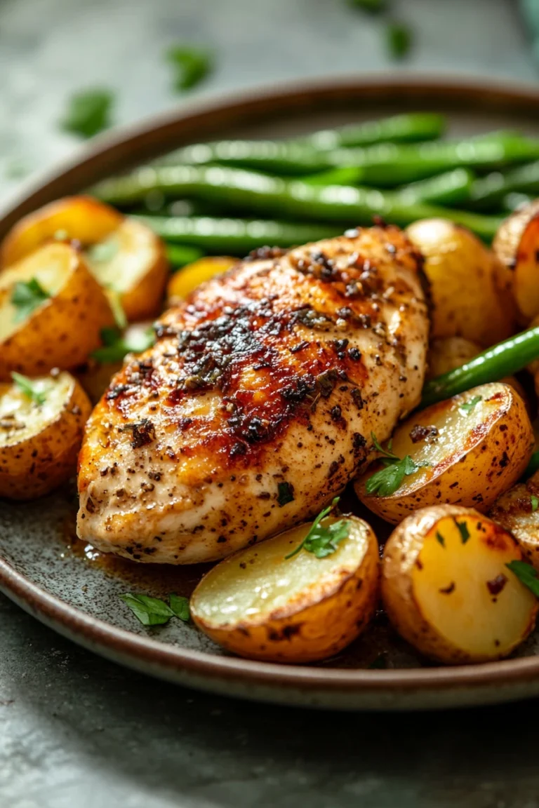 Sheet pan chicken breast with potatoes and green beans in a bright, appetizing close-up.