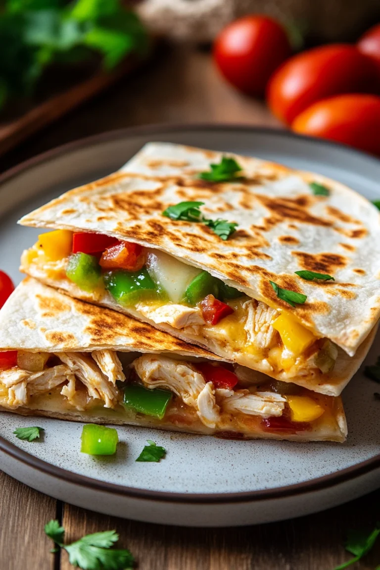 Close-up of a sheet pan dinner chicken quesadilla with melted cheese and crispy edges.