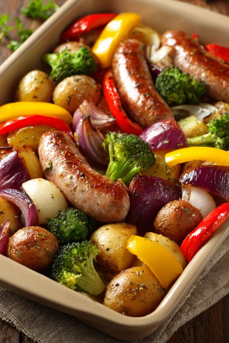 Close-up of a sheet pan dinner with sausage and roasted vegetables on a baking tray