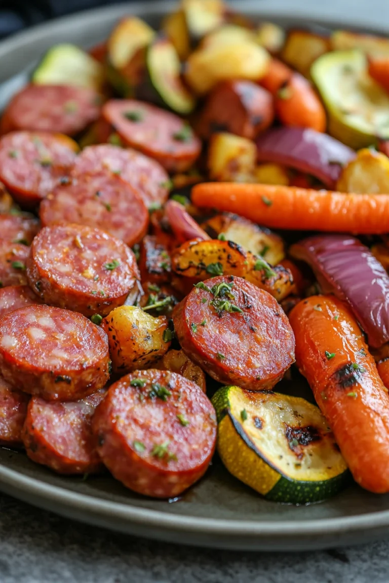 Sheet pan kielbasa and vegetables with bright colors and clean presentation