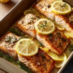 Close-up of sheet pan lemon salmon with fresh lemon slices and herbs