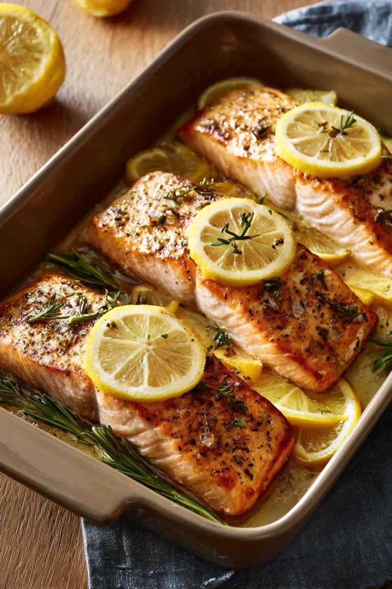 Close-up of sheet pan lemon salmon with fresh lemon slices and herbs