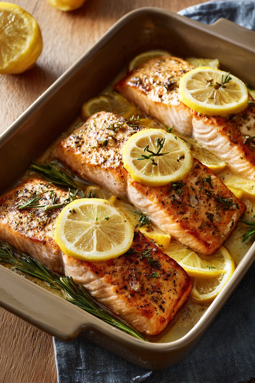 Close-up of sheet pan lemon salmon with fresh lemon slices and herbs