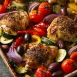 Close-up of sheet pan Mediterranean chicken with vegetables and herbs