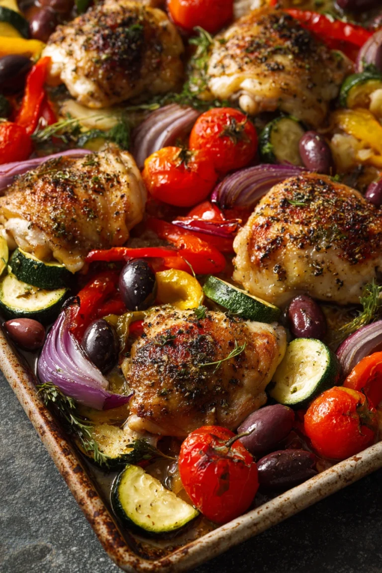 Close-up of sheet pan Mediterranean chicken with vegetables and herbs