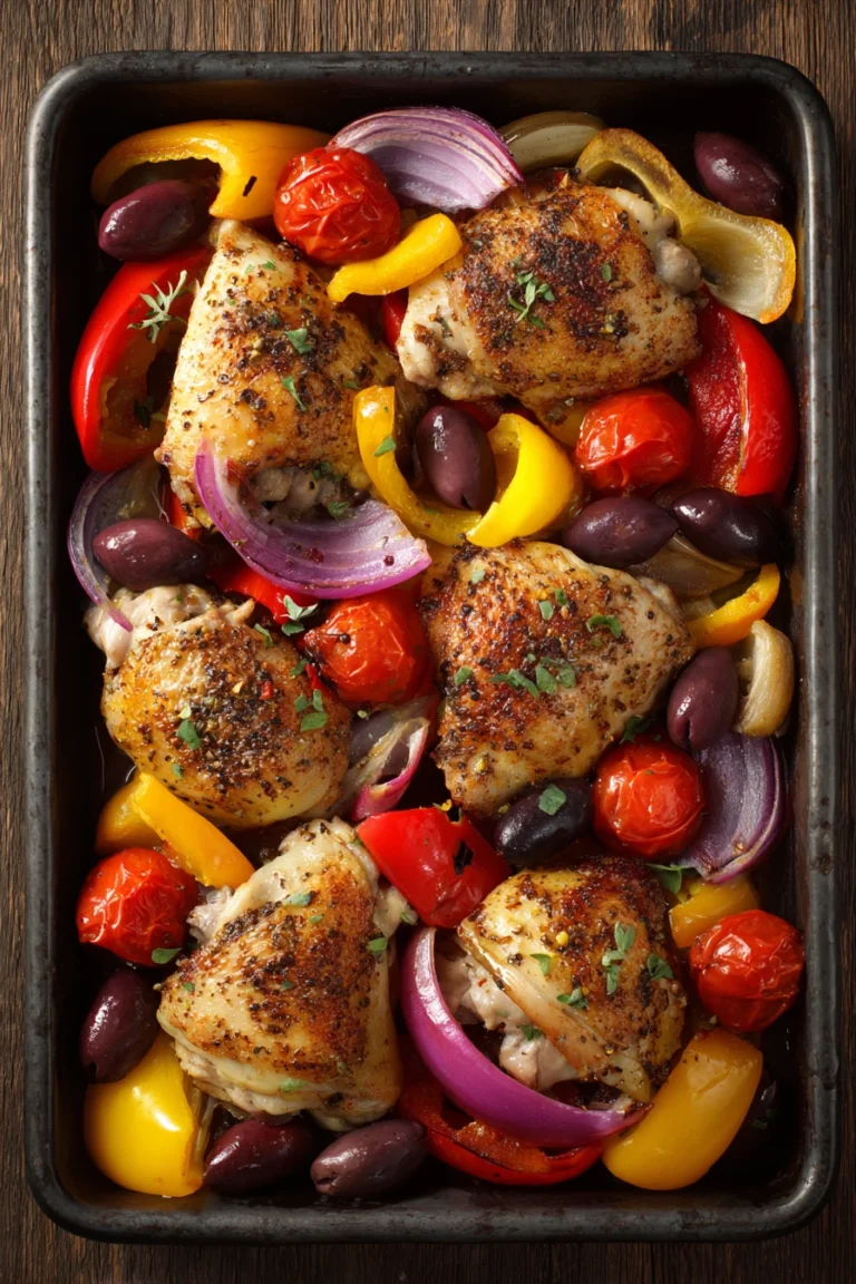 Close-up of a sheet pan with Mediterranean chicken, colorful vegetables, and herbs.