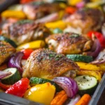 Close-up of sheet pan paprika chicken with colorful veggies, roasted to perfection.