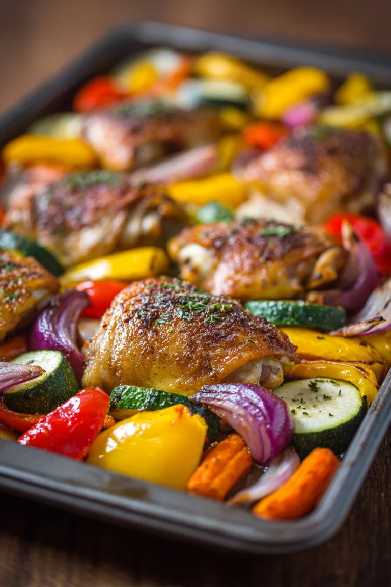 Close-up of sheet pan paprika chicken with colorful veggies, roasted to perfection.