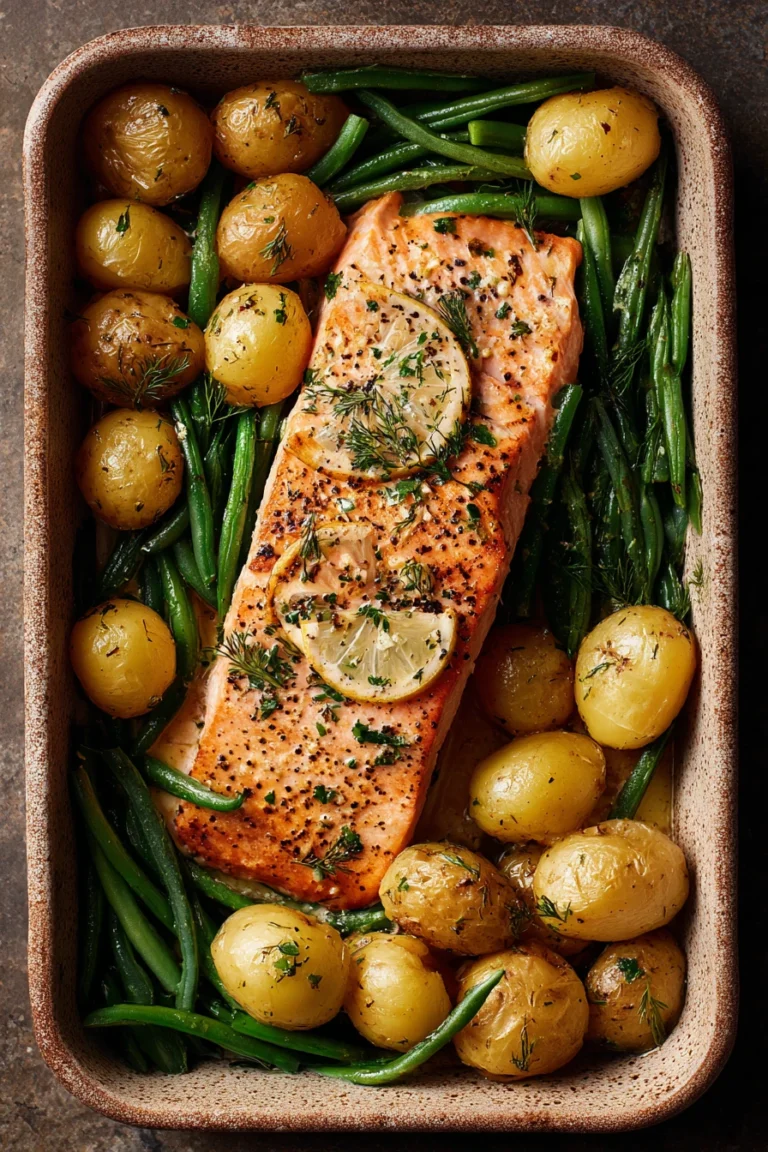 Close-up of a deliciously cooked sheet pan salmon with vibrant vegetables
