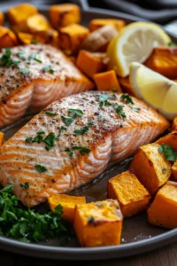 Close-up of sheet pan salmon with roasted sweet potatoes and vegetables.