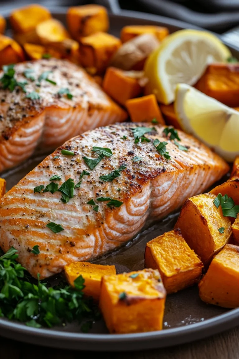 Close-up of sheet pan salmon with roasted sweet potatoes and vegetables.