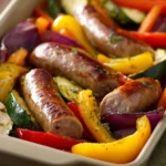 Close-up of sheet pan sausage with colorful roasted vegetables including bell peppers and onions.