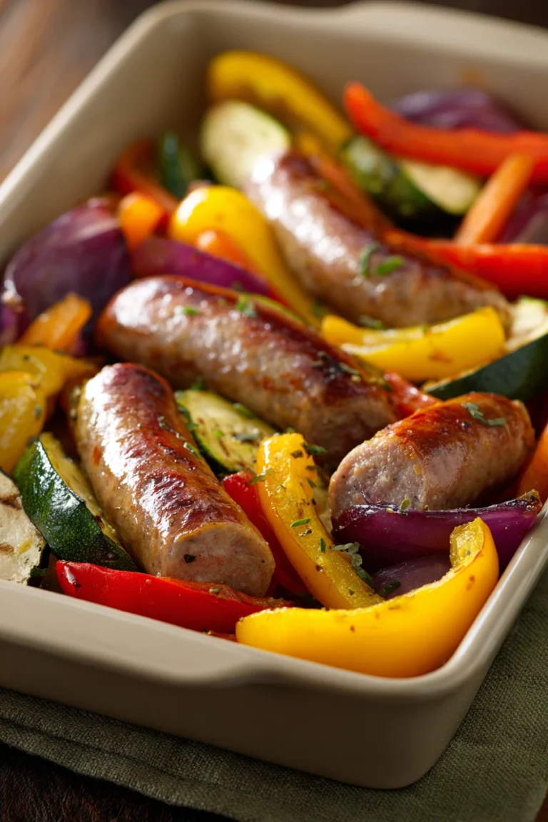 Close-up of sheet pan sausage with colorful roasted vegetables including bell peppers and onions.