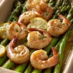 Close-up of sheet pan shrimp and asparagus with bright natural lighting