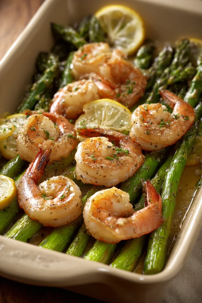 Close-up of sheet pan shrimp and asparagus with bright natural lighting