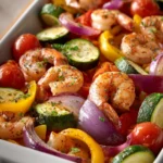 Close-up of sheet pan shrimp with colorful vegetables, perfect for a quick and healthy meal.