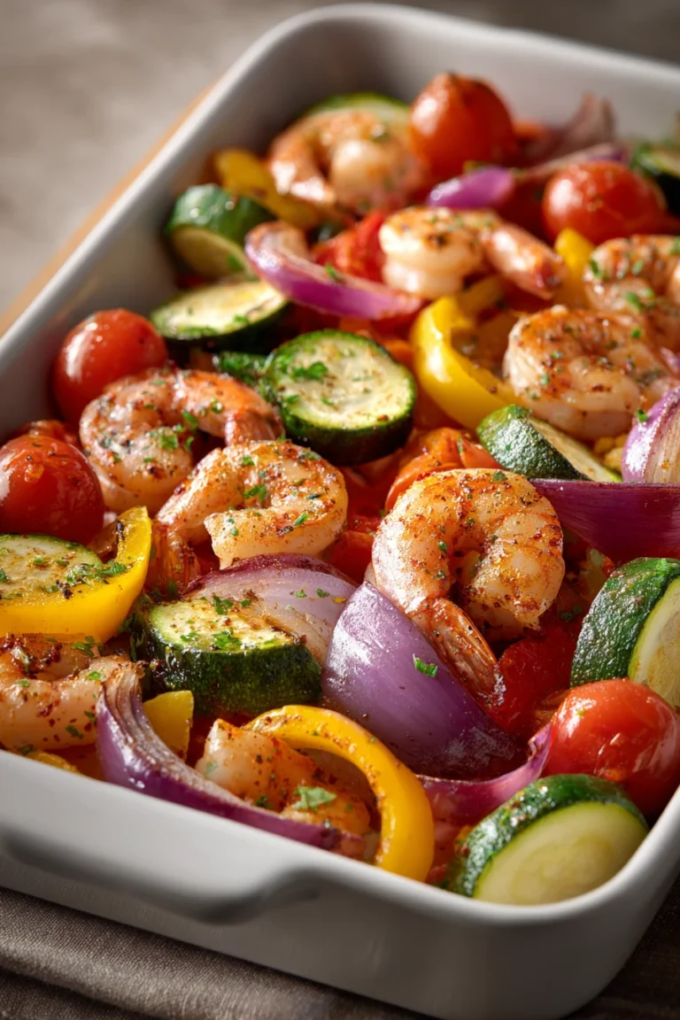 Close-up of sheet pan shrimp with colorful vegetables, perfect for a quick and healthy meal.
