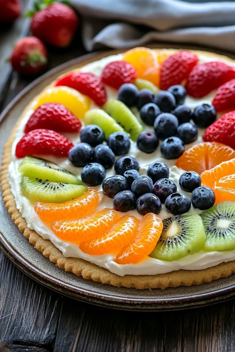 Close-up of a colorful shortbread cookie fruit pizza with fresh fruits on top