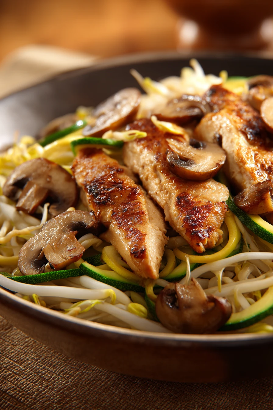 Close-up of skillet chicken hibachi with vegetables in a bright, clean setting