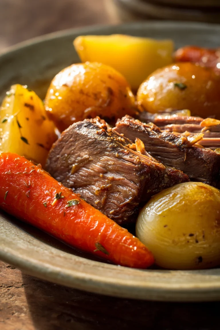 Close-up of a slow cooker Amish pot roast with vegetables in a warm, inviting setting.