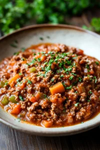 Close-up of slow cooker beef bolognese with rich sauce and herbs