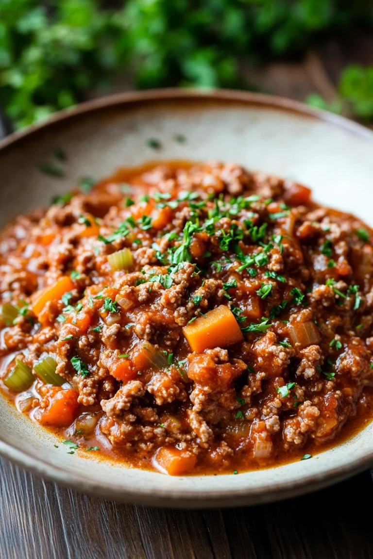 Close-up of slow cooker beef bolognese with rich sauce and herbs