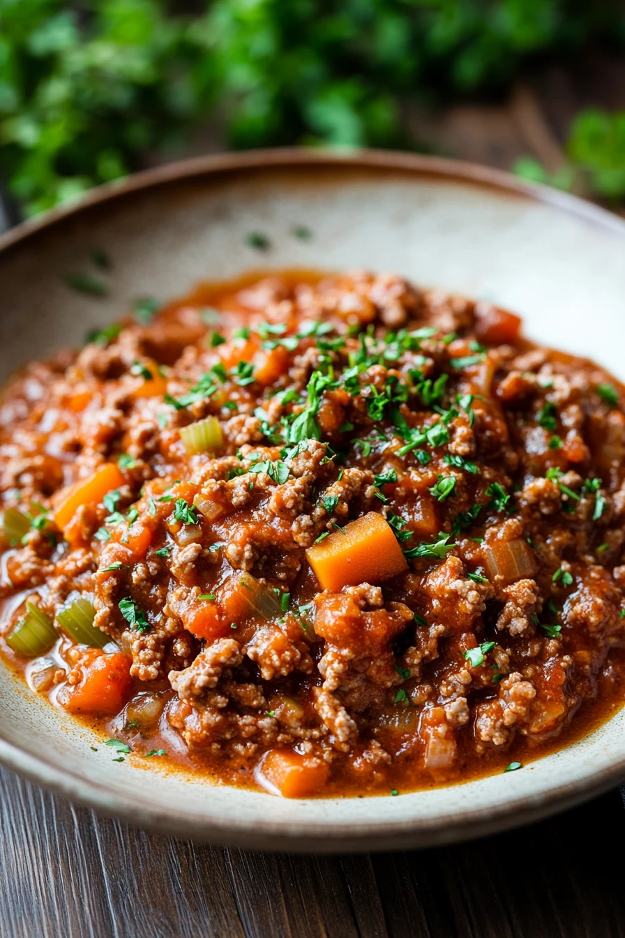Close-up of slow cooker beef bolognese with rich sauce and herbs