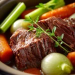 Close-up of a slow cooker beef chuck roast with rich, savory textures and a warm, appetizing glow.
