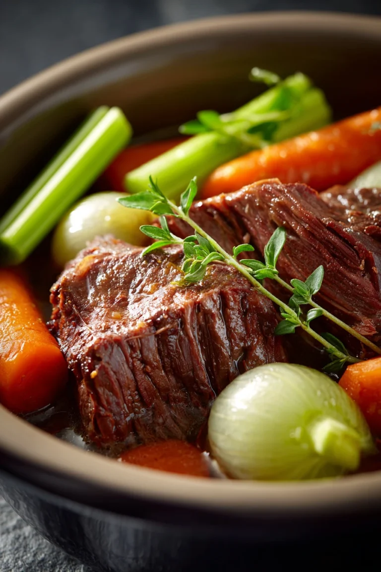 Close-up of a slow cooker beef chuck roast with rich, savory textures and a warm, appetizing glow.