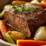 Close-up of a slow cooker beef eye round roast with a golden-brown crust on a white plate.