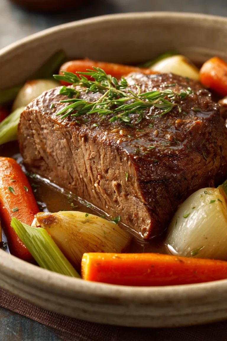 Close-up of a slow cooker beef eye round roast with a golden-brown crust on a white plate.