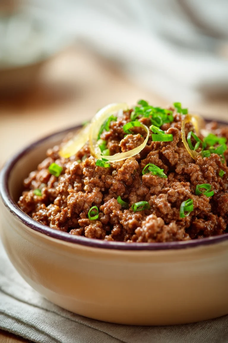 Close-up of slow cooker beef with ground beef in a rich sauce
