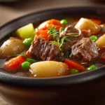 Close-up of a hearty slow cooker beef stew with vegetables in a bowl.