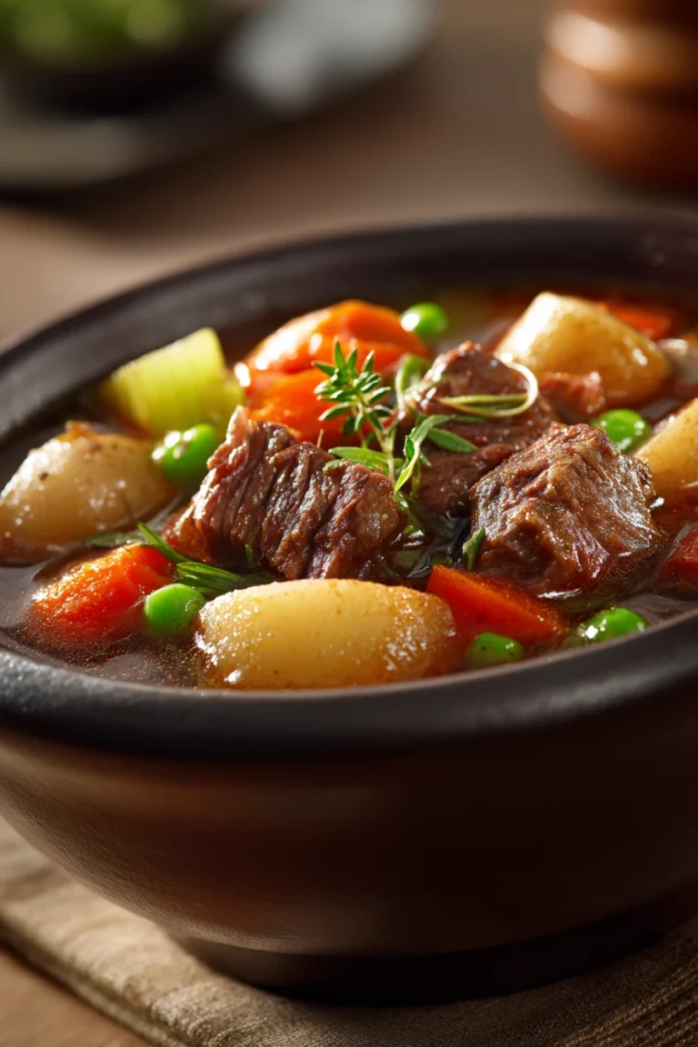 Close-up of a hearty slow cooker beef stew with vegetables in a bowl.