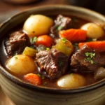 Close-up of a hearty slow cooker beef stew with tender beef chunks and vegetables.