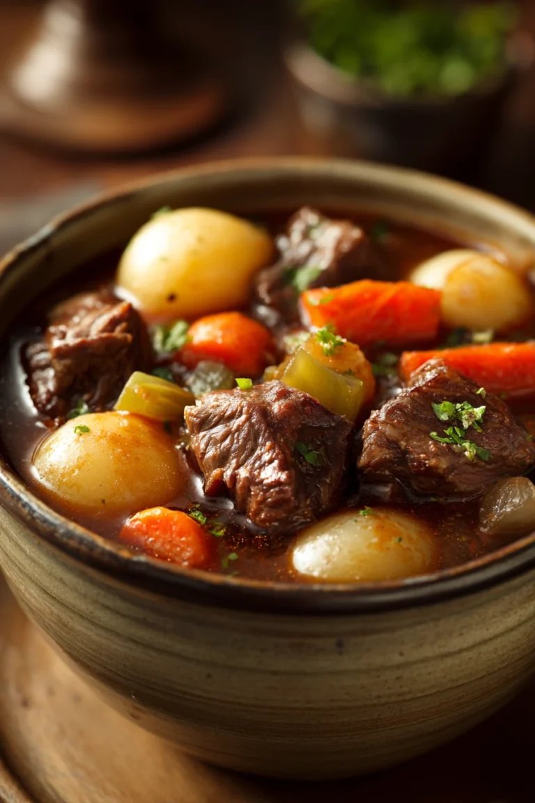 Close-up of a hearty slow cooker beef stew with tender beef chunks and vegetables.