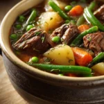 Close-up of slow cooker beef veggie stew with carrots and herbs in a white bowl