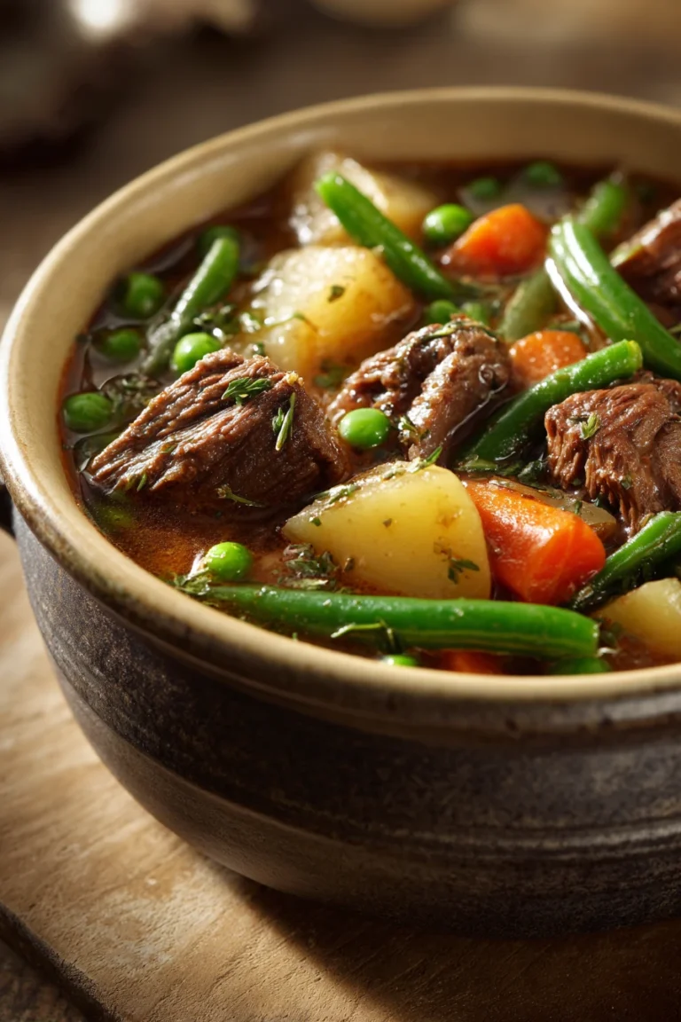Close-up of slow cooker beef veggie stew with carrots and herbs in a white bowl