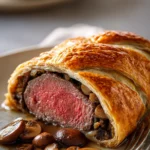 Close-up of a slow cooker beef wellington with golden pastry and tender beef filling.