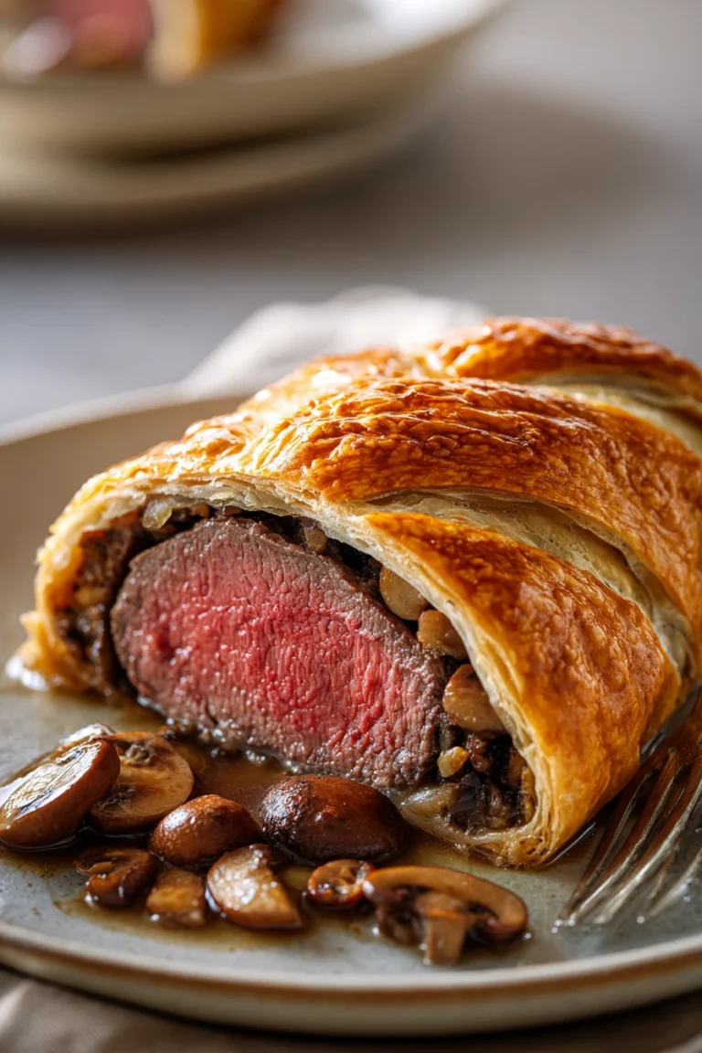 Close-up of a slow cooker beef wellington with golden pastry and tender beef filling.