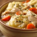 Close-up of slow cooker chicken and dumplings with creamy sauce and herbs