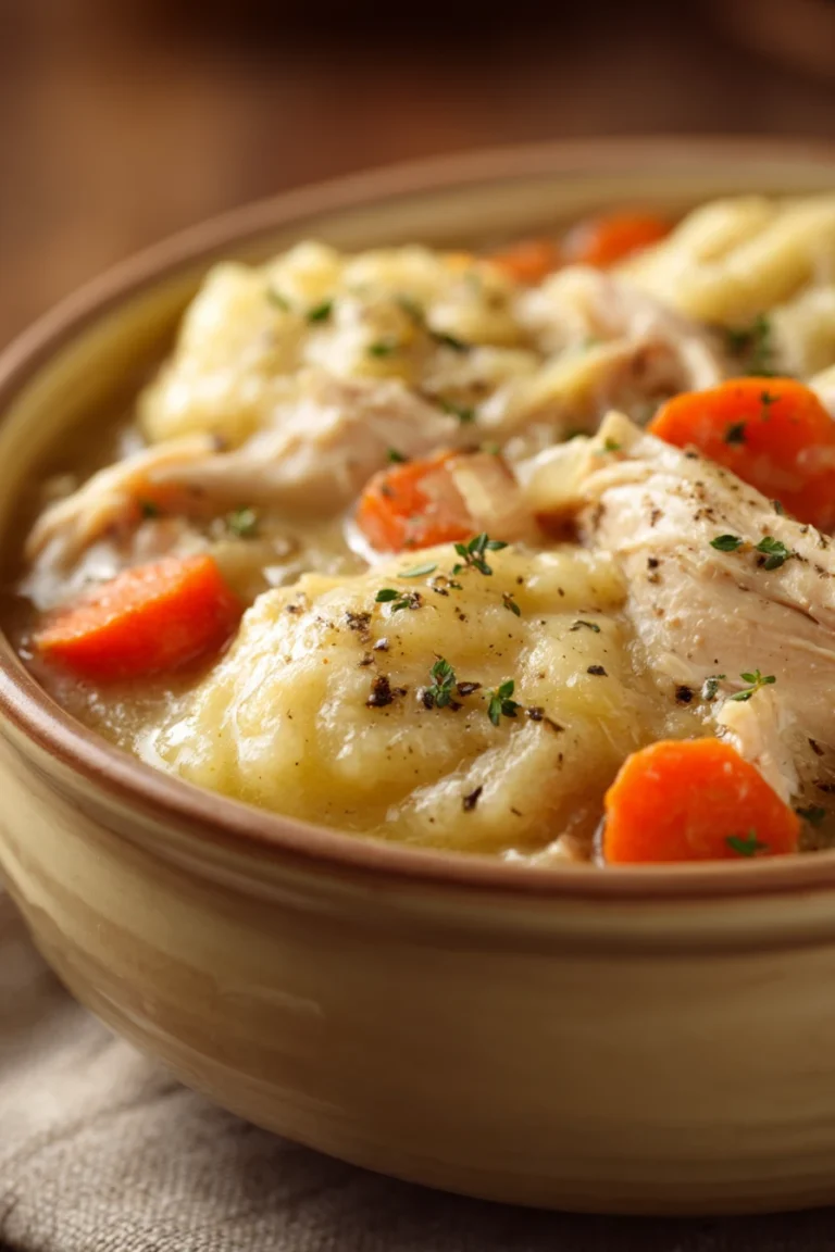 Close-up of slow cooker chicken and dumplings with creamy sauce and herbs